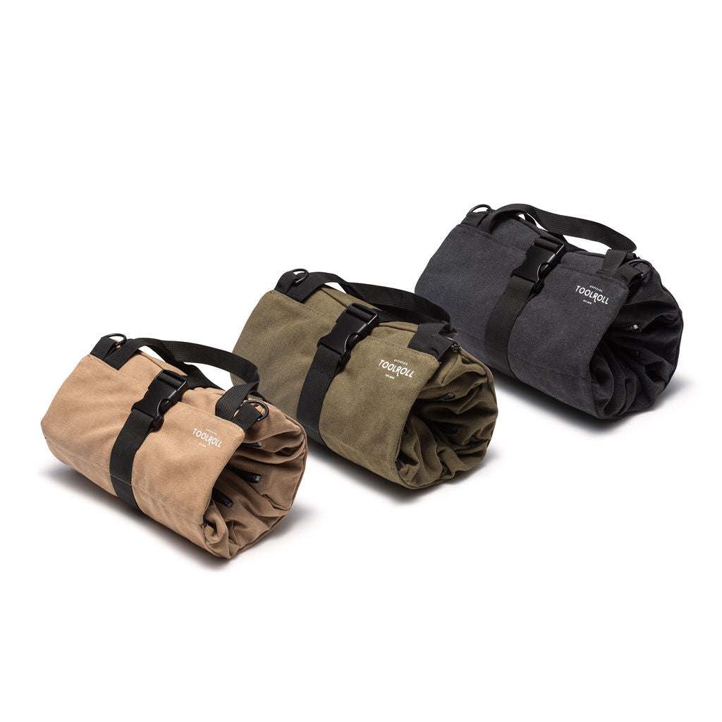 Picture of 3 legacy tool rolls in khaki, green and black by Official Tool Roll