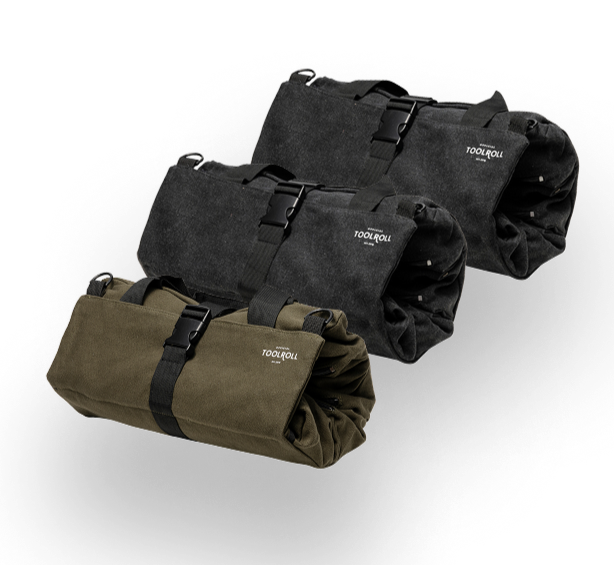1 Army Green 2 Black 3 Voyager Tool Rolls Set of black and Army Green Voyager tool bags with 'TOOLROLL' branding on a white background.