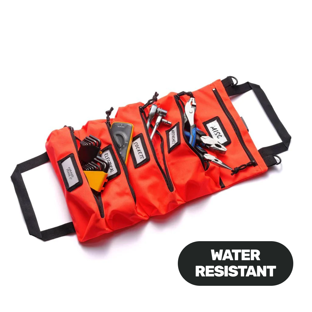 Orange Maverick Tool Roll A rolled-up orange Maverick tool roll with various tools attached to it, laid out on a white background with a label that says 'WATER RESISTANT'.