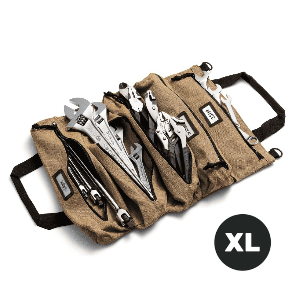 Khaki Voyager Tool Roll A large beige tool roll opened to display various pockets holding wrenches and tools, with a black strap on the side and the text 'XL' indicating the size.